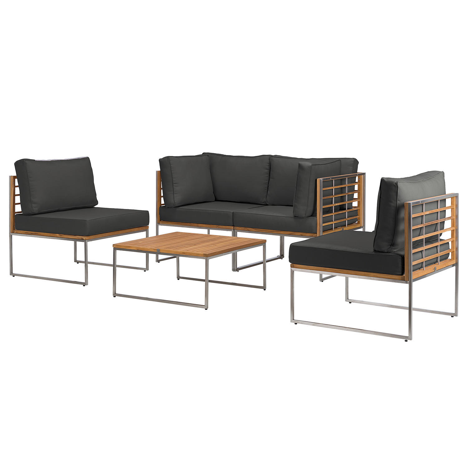 LOUNGEGRUPPE - 5-teilig - Webstoff / Teak massiv - Anthrazit, Holz/Textil - home24