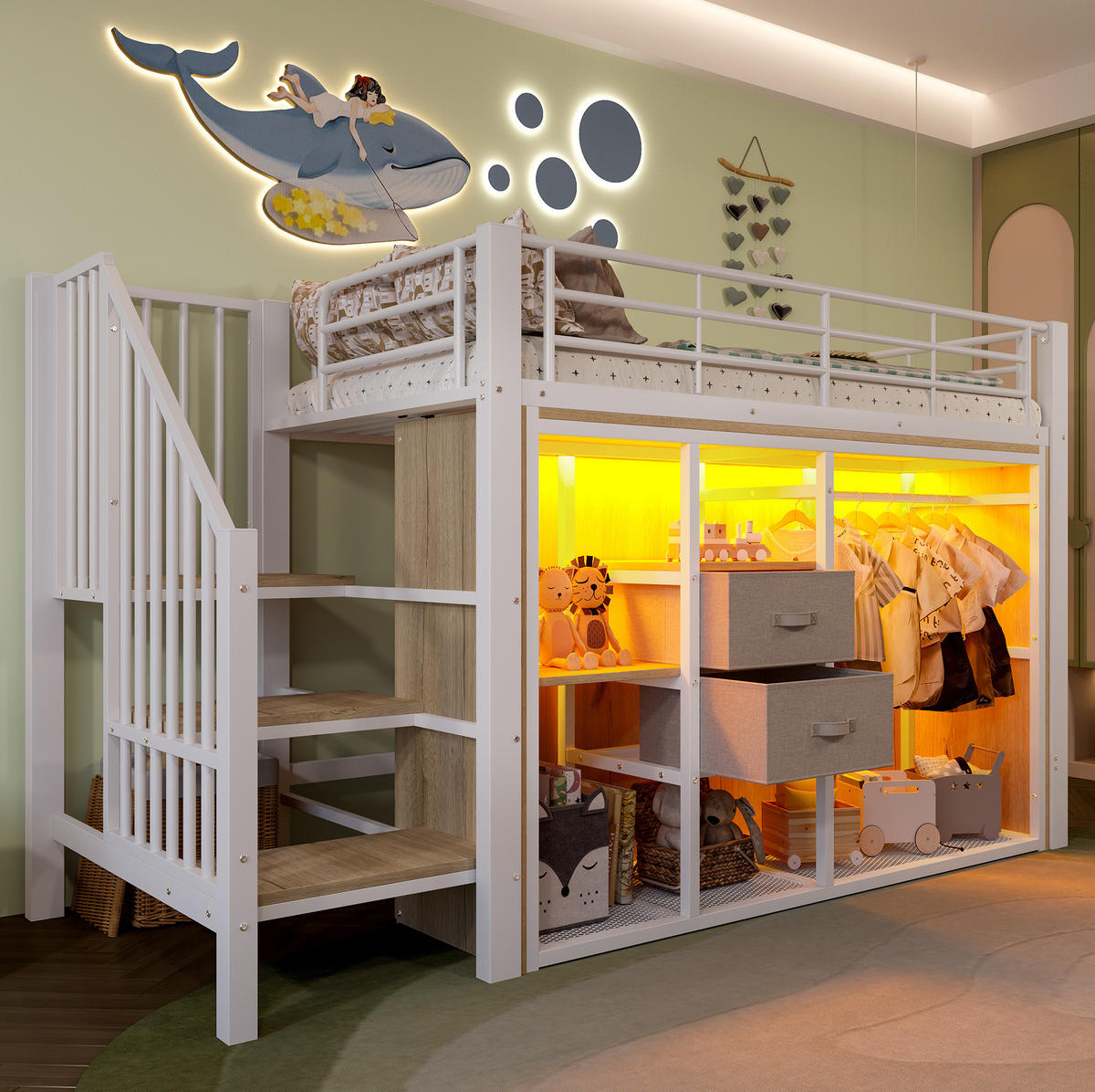 HOCHBETT Kinderbett 90/200 cm aus Metall und MDF mit LED-Beleuchtung und Stauraum Weiß - Weiß, Metall (90/200cm) - Modenvie