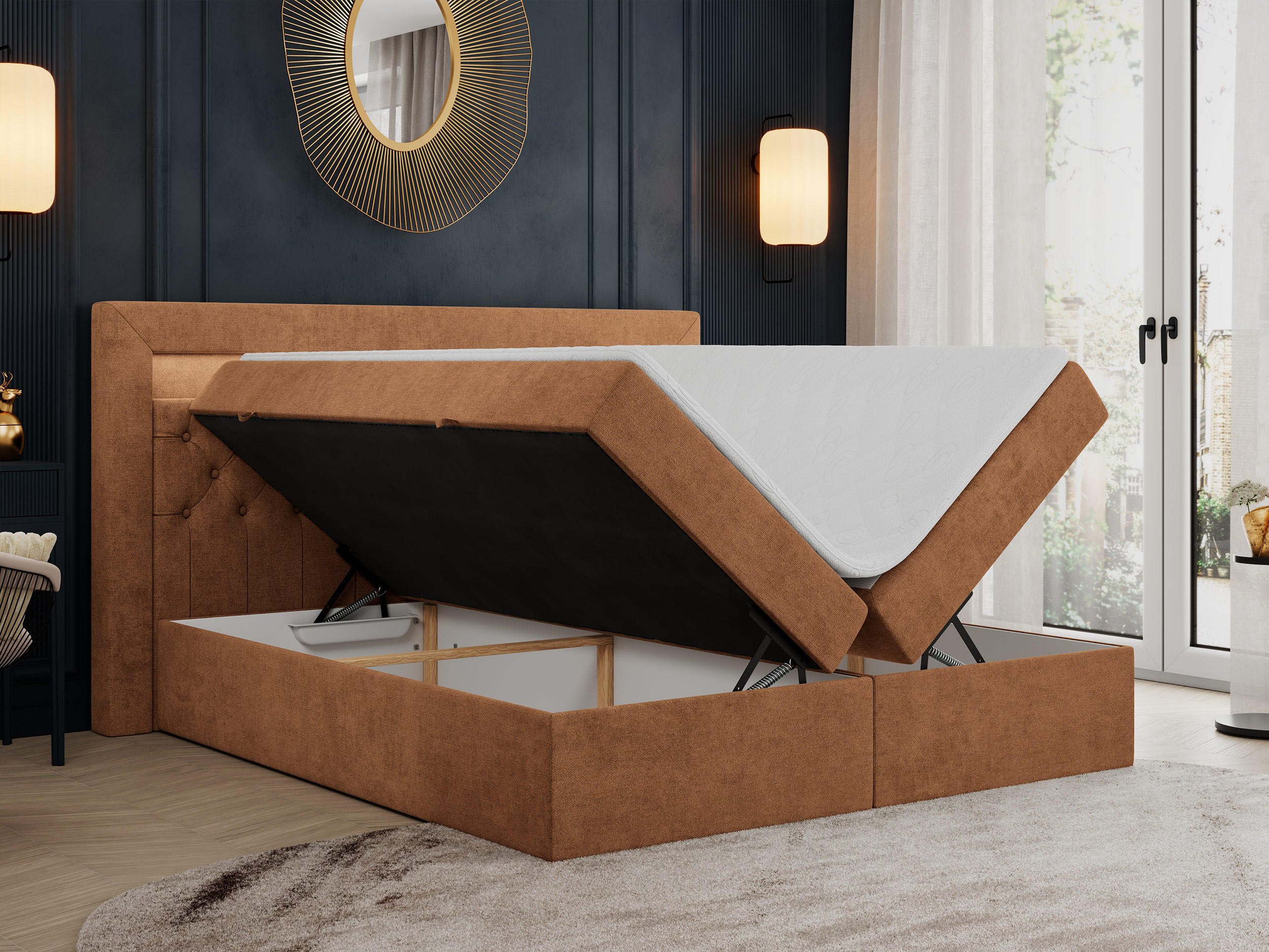 Thumbnail - MKS Boxbett, Orange, Textil, 2-Sitzer, H4, Rechteckig, 140x200 cm, Schlafzimmer, Betten, Boxspringbetten