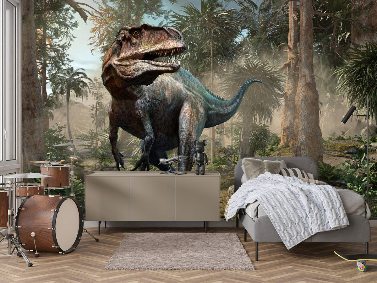 FOTOTAPETE für Jugendzimmer Realistischer Dinosaurier Dschungel Palmen 350x256 - Beige/Schwarz, Papier (350/256cm) - Muralo