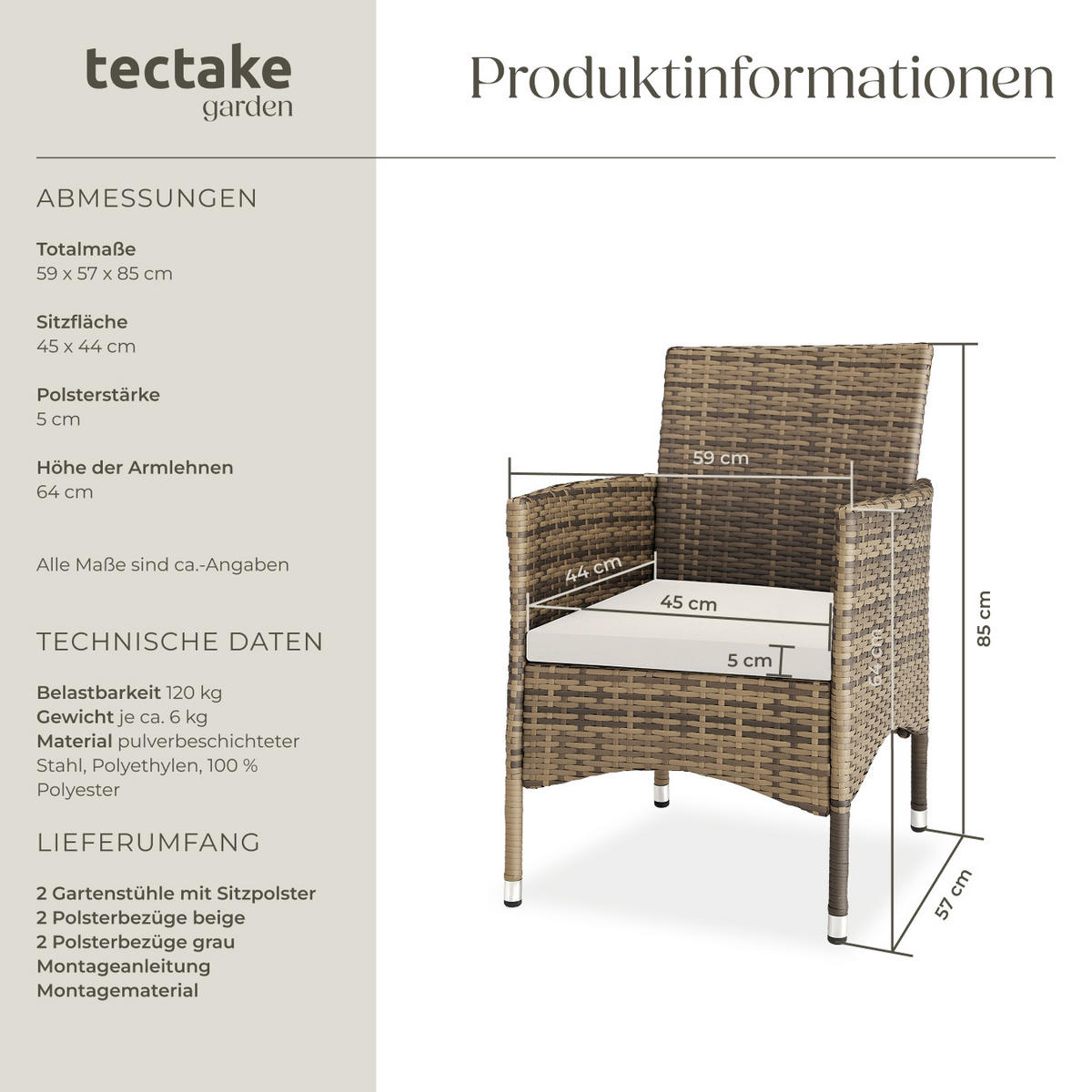 RATTANSTUHL 2er Set Nantes,59 x 57 x 85 cm,natur/dunkelgrau - Naturfarben, Kunststoff (57/85/59cm) - tectake