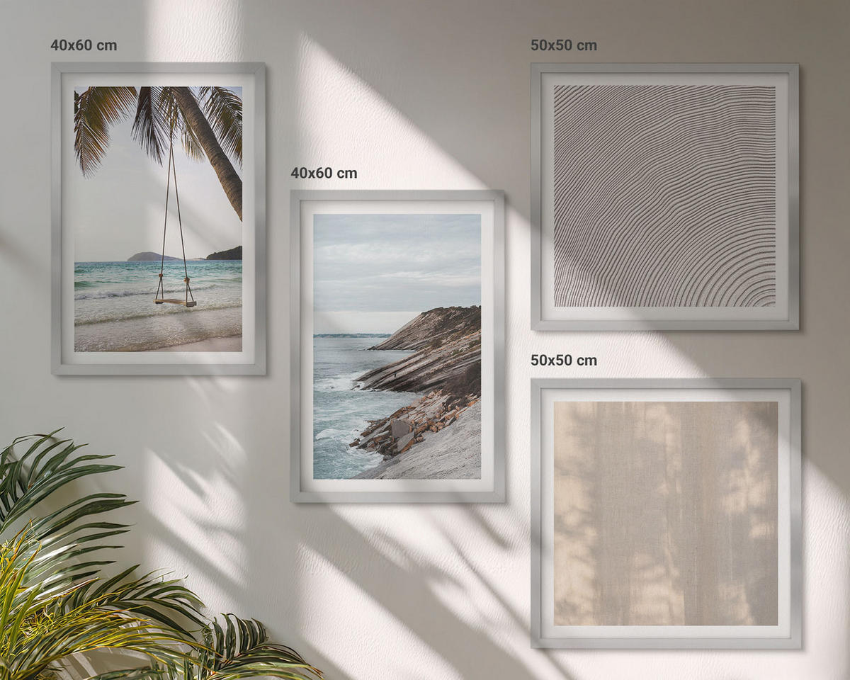 WANDBILDER 4er Set - 50x50 cm & 40x60 cm Silberner Rahmen - Sommerlicher Sandstrand mit Meerblick - Silberfarben, Kunststoff (50/50cm) - ArtPrintCave
