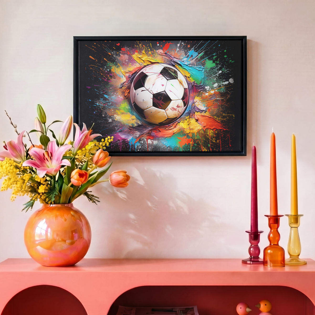 LEINWAND Bilder mit Rahmen - Fußball - Farbe - Farben - Schwarz - Weiß - 30x20 - Weiß, Textil (30/20cm) - MuchoWow