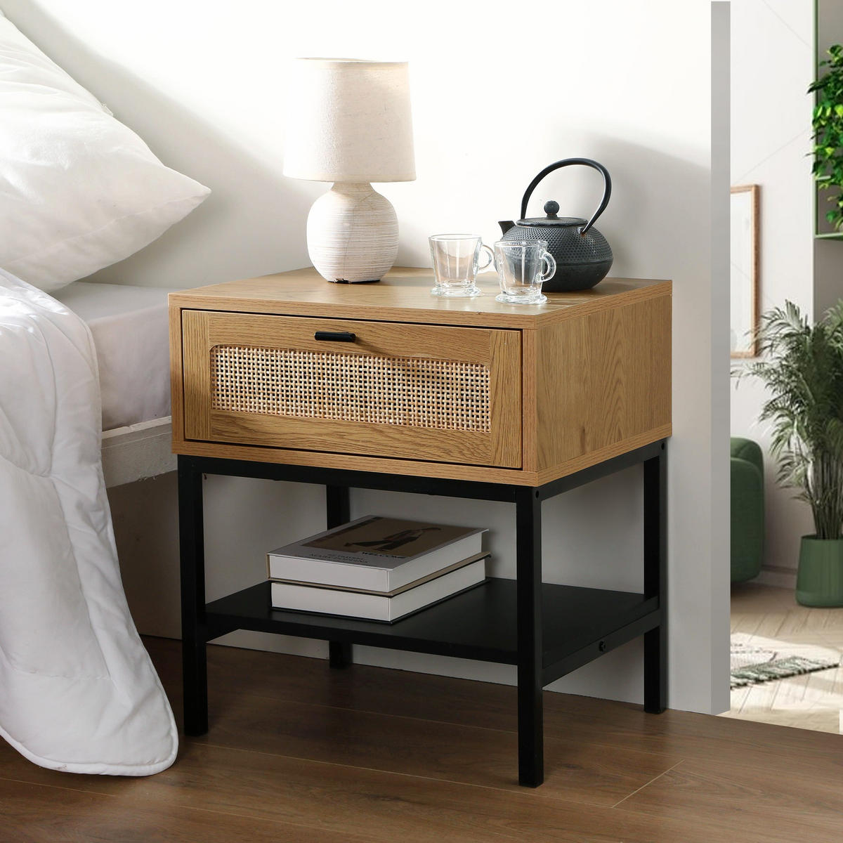 NACHTTISCH mit Rattanfront, Schublade und einem Regal H50 cm - JAYA - Apfelbaumfarben, Holzwerkstoff (35/50/45cm) - Calicosy