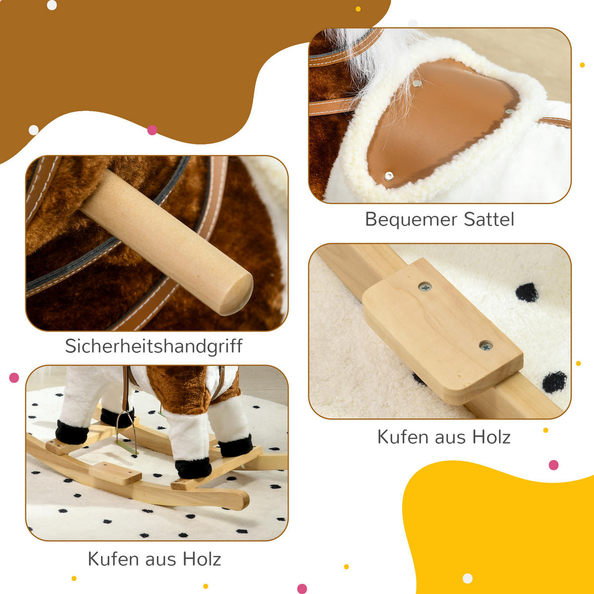 KINDER SCHAUKELTIER, Braun, Pappelholz+ Plüsch (100% Polyester) - Braun, Holz (26/62/68cm) - HOMCOM