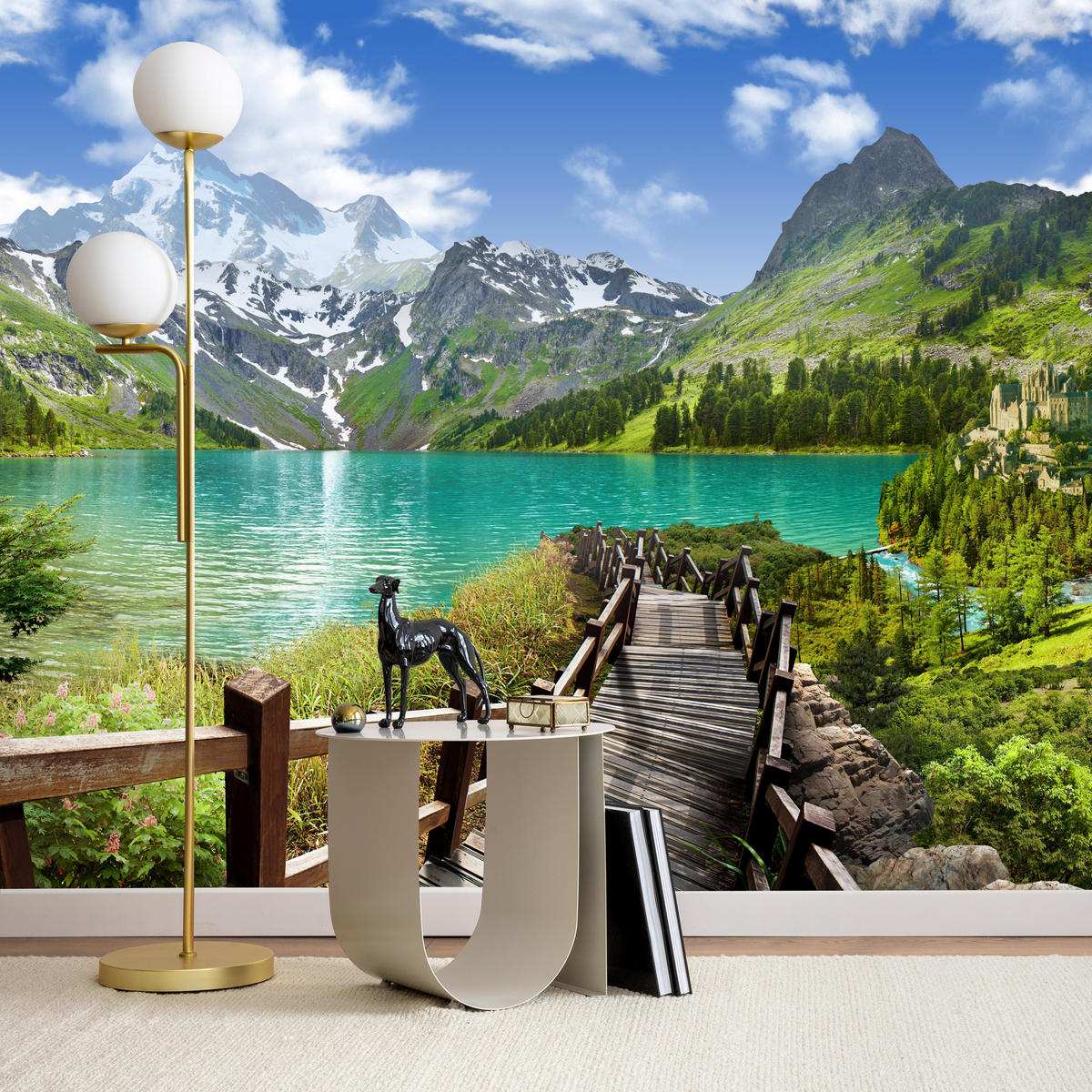 FOTOTAPETA Pre Obývaciu Izbu Drevené Mólo Horské Jazero Rastliny Pokoj 500 x 350 cm - hnedá/modrá, papier (500/350cm) - Muralo