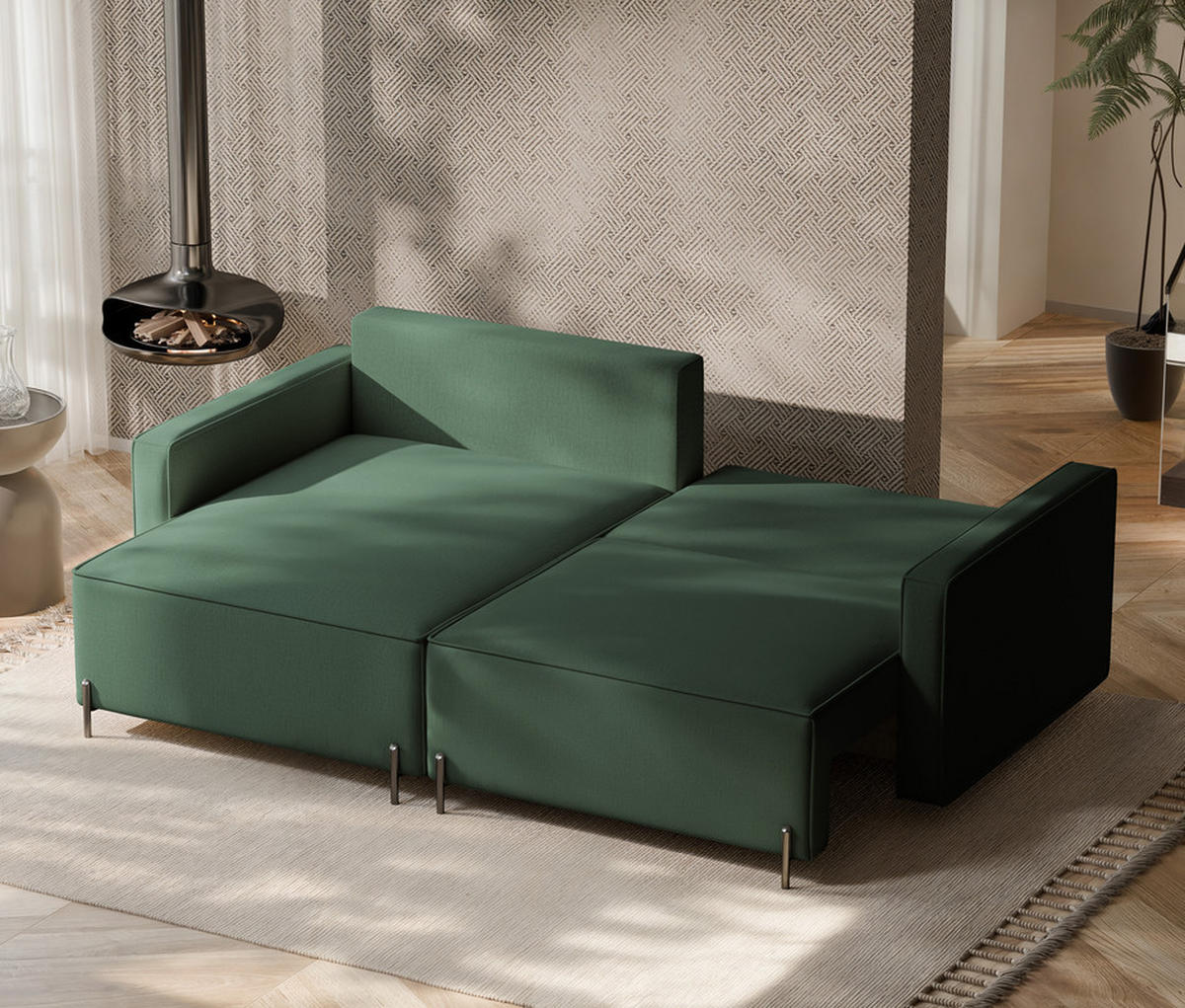 ECKSOFA LEO Links, mit Schlaffunktion und Bettkasten, Grün - Grün, Textil/Metall (229/148cm) - Idohome