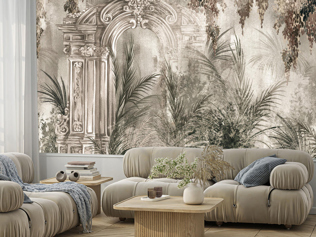 FOTOTAPETE für Wohnzimmer Kolumnen Tropen Pflanzen Palmen Natur 250x175 - Beige, Papier (250/175cm) - Muralo