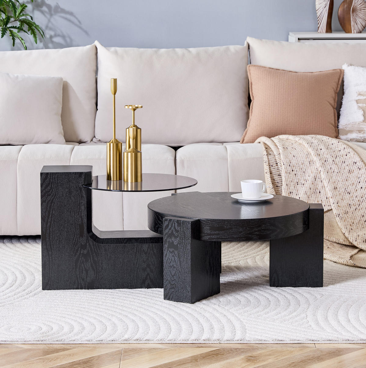 COUCHTISCH rund 61/44 cm in Schwarz aus MDF und Glas mit zweistöckigem Design - Schwarz, Holzwerkstoff (61/61/30cm) - OKMYHOME