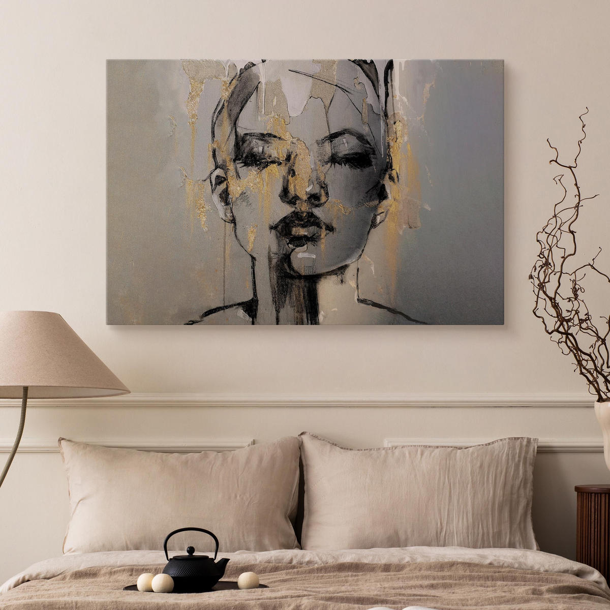 LEINWANDBILD Porträt Frau Abstraktion 120x80 - Beige/Schwarz, Textil (120/80cm) - Muralo