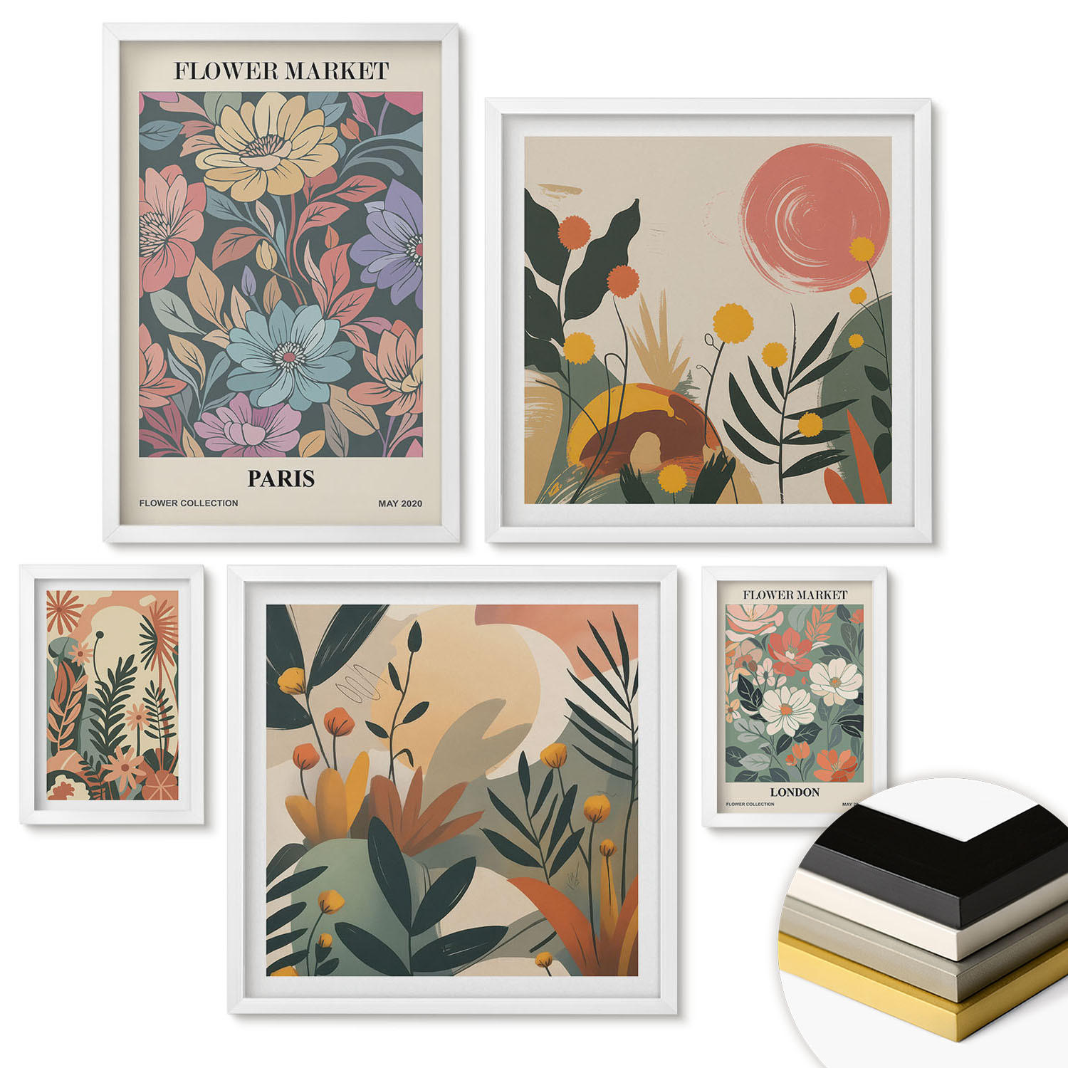 WANDBILDER 5er-Set - 50x50 cm & 20x30 cm & 40x60 cm Weißer Rahmen - Blumenposter Weinstadt - Weiß, Kunststoff (40/60cm) - ArtPrintCave