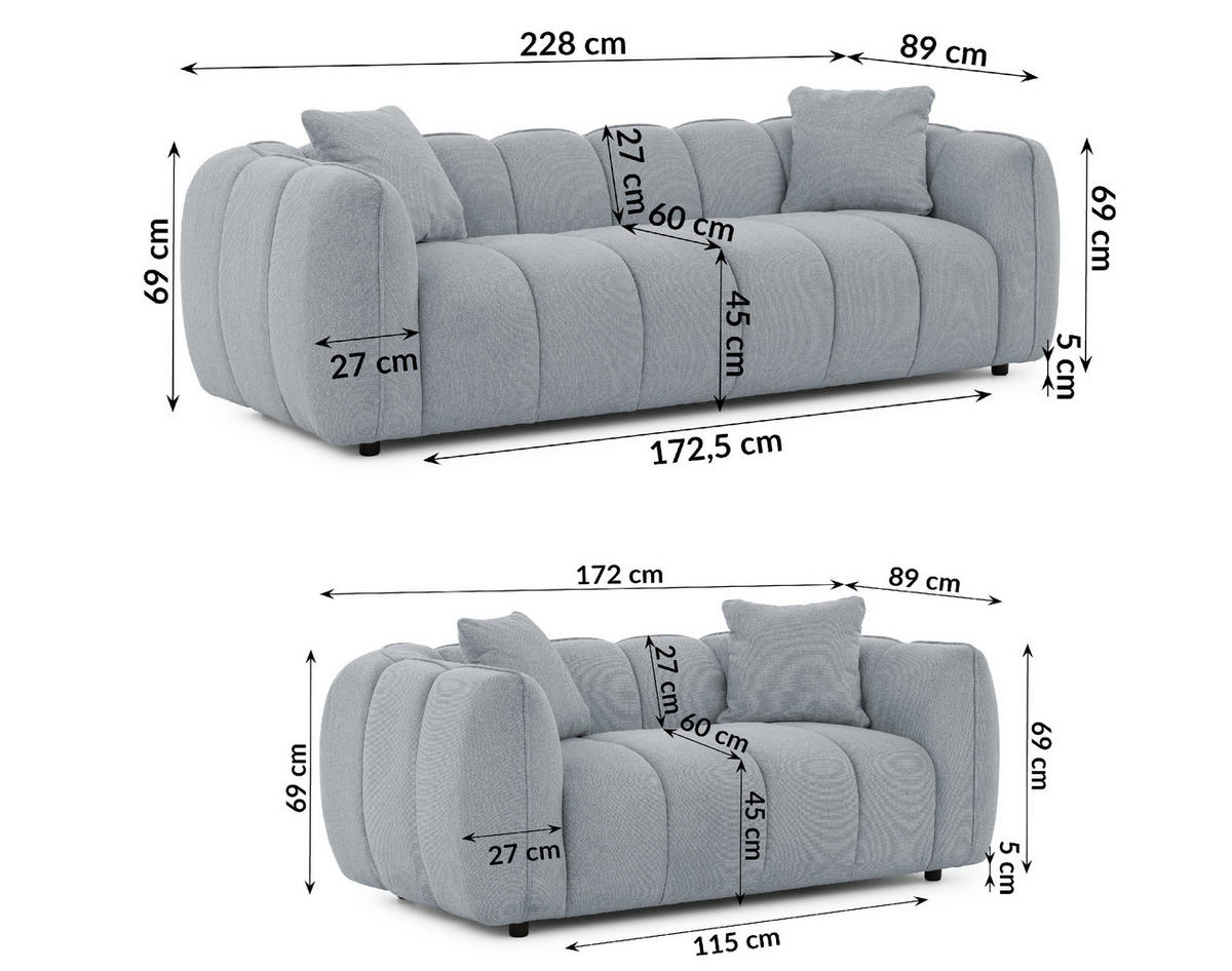 SITZGARNITUR 3+2 Nubira in tief gesteppter Bubble-Optik aus weichem Grau Strukturstoff im modernen Design - Schwarz/Grau, Holz/Kunststoff (228/69/89cm) - S-Style Möbel