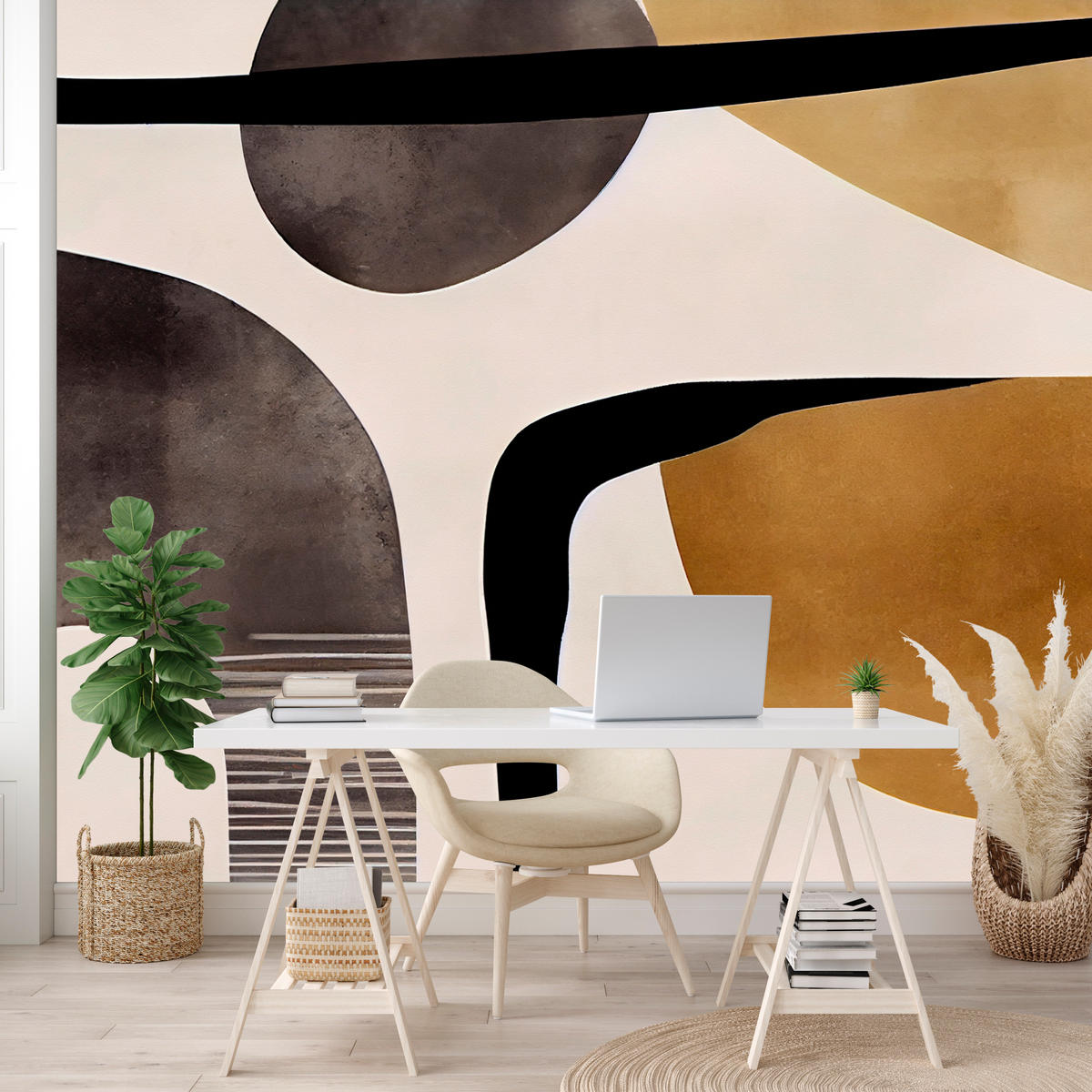 FOTOTAPETE für Wohnzimmer Retro Geometrische Formen Vintage 300x210 - Beige/Schwarz, Papier (300/210cm) - Muralo