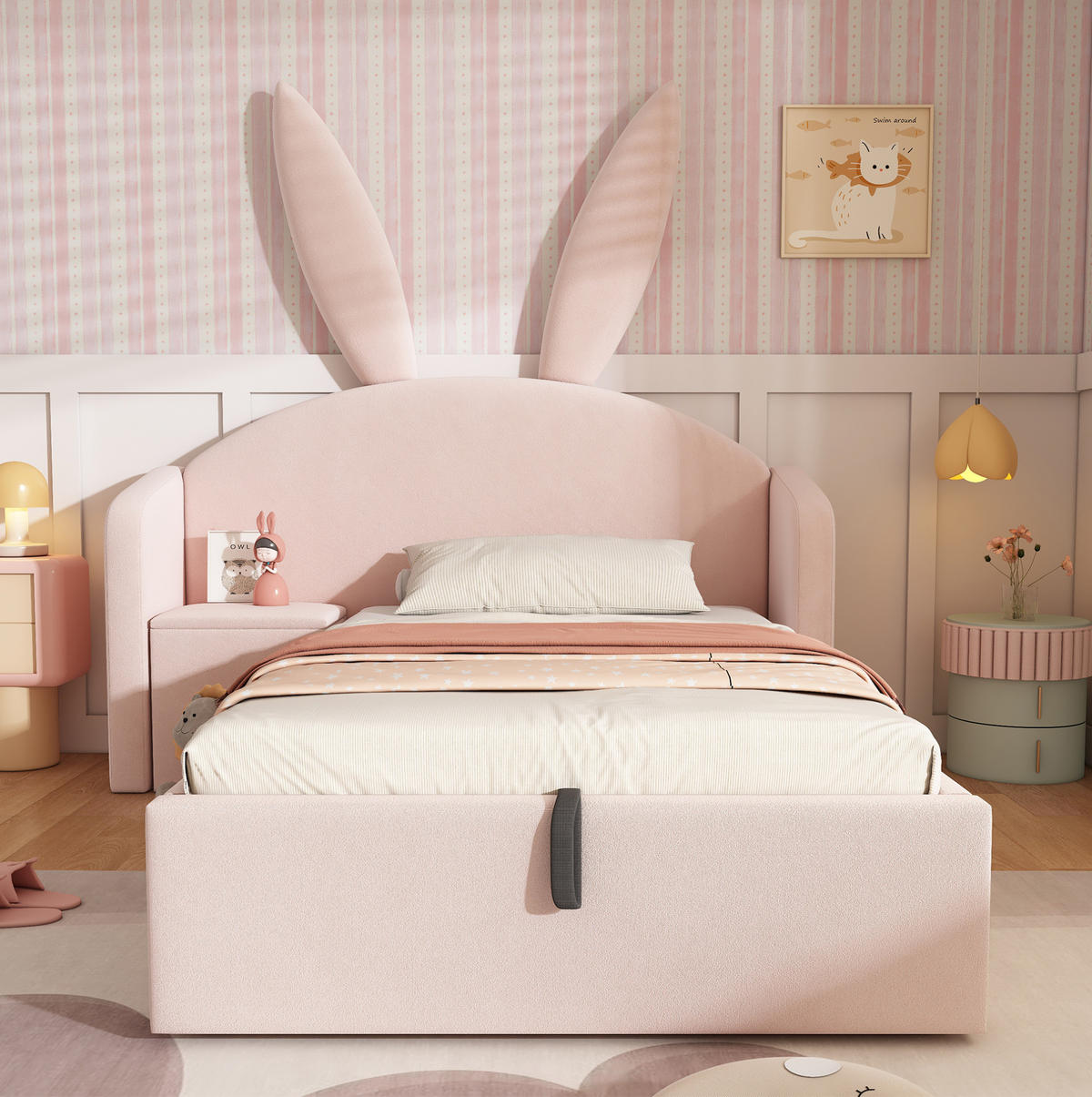 KINDERBETT mit Stauraum 90x190 cm Samt Rosa, 2-tlg. mit Nachttisch - Pink, Metall (90/190cm) - Beauniv