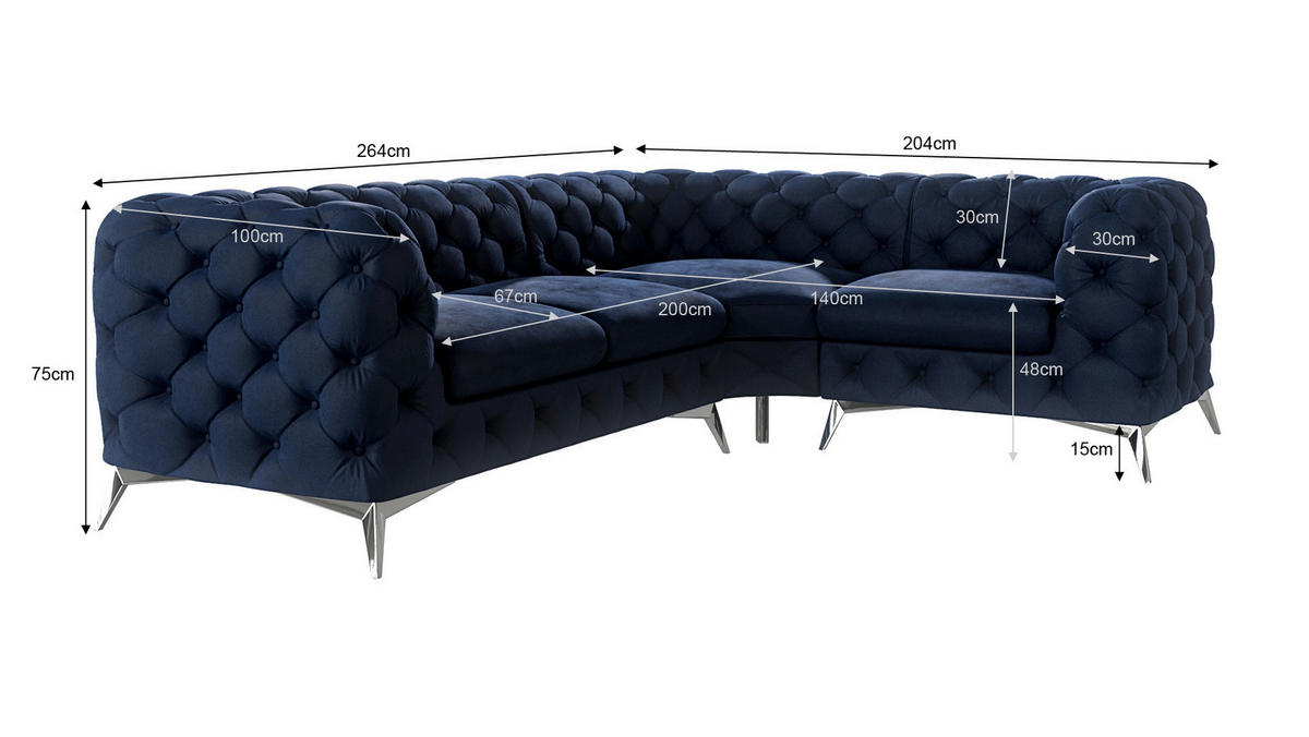 ECKSOFA Chesterfield Laura Marineblau Samt, Ottomane rechts - Silberfarben/Dunkelblau, Holz/Textil (264/204cm) - S-Style Möbel