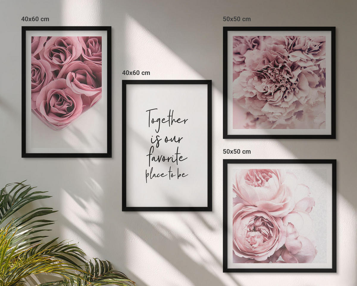 WANDBILDER 4er-Set - 50x50 cm & 40x60 cm Schwarzer Rahmen - Blumensträuße mit Rosen, Hausinschrift - Schwarz, Kunststoff (50/50cm) - ArtPrintCave