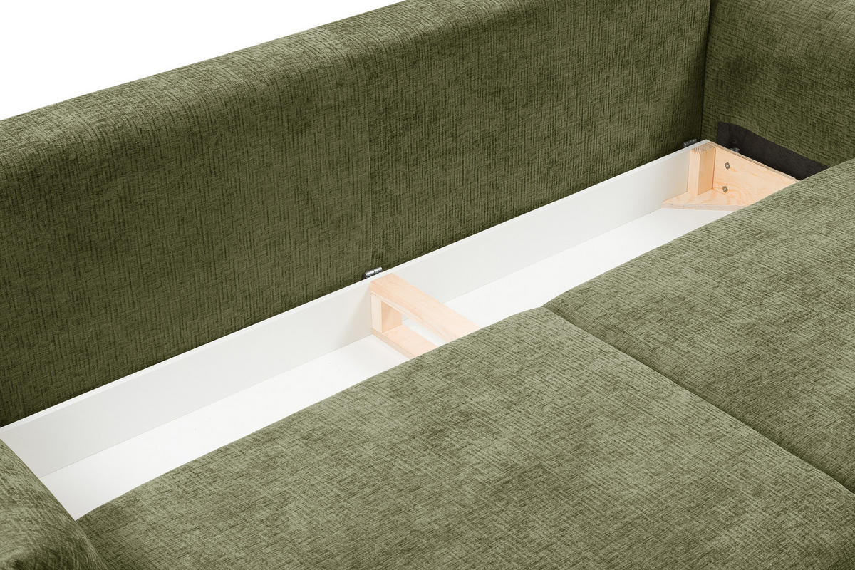 SOFA ADEL - Schlaffunktion Und Bettkasten, Wellenfederung, PUR-Schaum, Schwarze Metallfüße lose Rückenkissen, freistehend, 240x108x75 cm Olive green - Olivgrün, Holz/Textil (240/75/108cm) - DomoHome