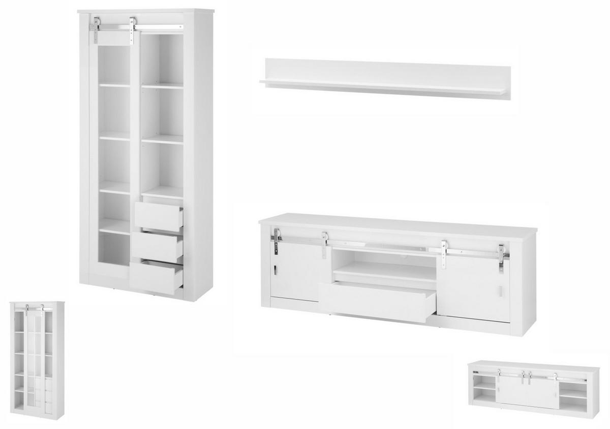 WOHNWAND weiß Hochglanz 3-teilig 309 x 201 cm, Wohnkombination mit Soft-Close - Chromfarben/Weiß Hochglanz, Glas/Holzwerkstoff (309/201/43cm) - Furn.Design