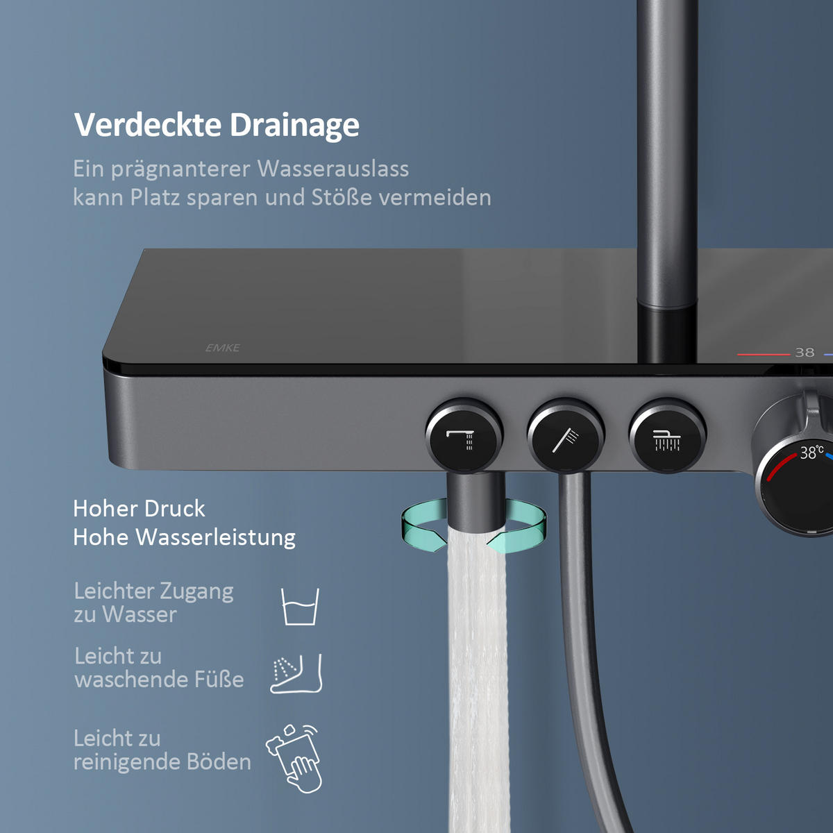 ÜBERKOPFBRAUSESET mit Drei Wasserauslassmethoden Thermostat mit Ablage Anthrazit - Anthrazit, Metall (44.5/127/45cm) - EMKE