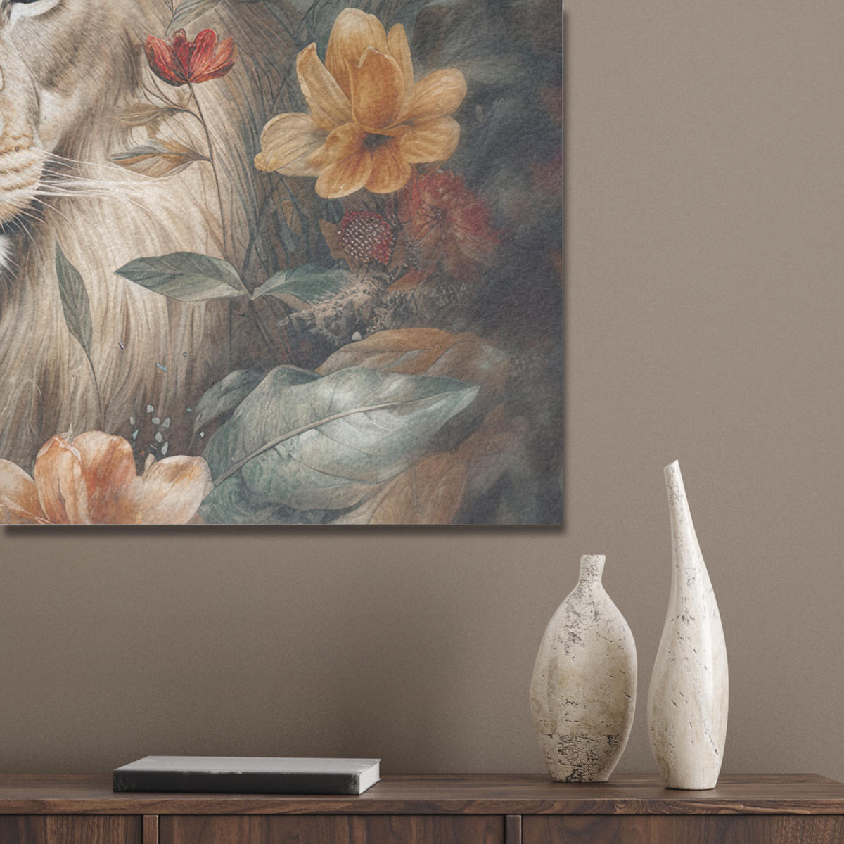 AKUSTIKPANEEL Löwe - Wildtiere - Pflanzen - Natur - Blumen 80x60 cm - Beige, Textil (80/0.9/60cm) - MuchoWow