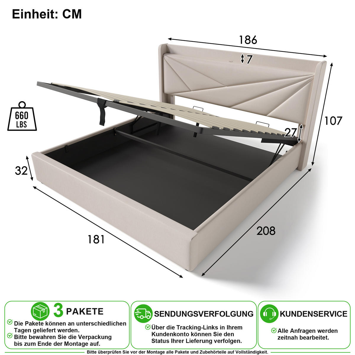 POLSTERBETT 180/200 cm in Beige mit Bettkasten, USB, Type-C aus Leinen - Beige, Holzwerkstoff/Textil (180/200cm) - CHICFURN