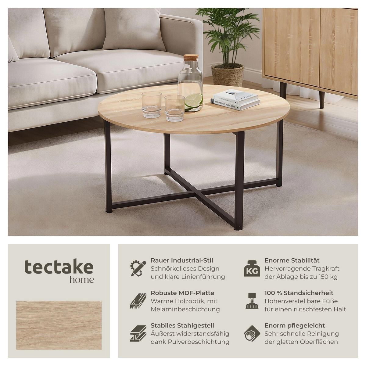 COUCHTISCH Aberdeen, 88,5 x 47 cm, Industrial Holz hell, Eiche Sonoma - Naturfarben, Holz (88.5/88.5/47cm) - tectake