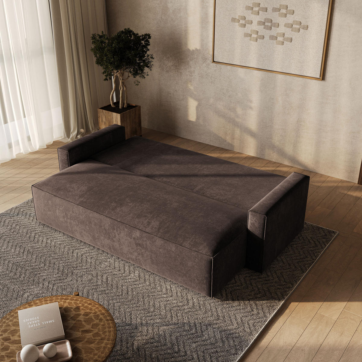 BETTSOFA MENI LM Braun Chenille-Stoff mit Schlaffunktion - Braun, Textil (232/85/87cm) - MASSENO