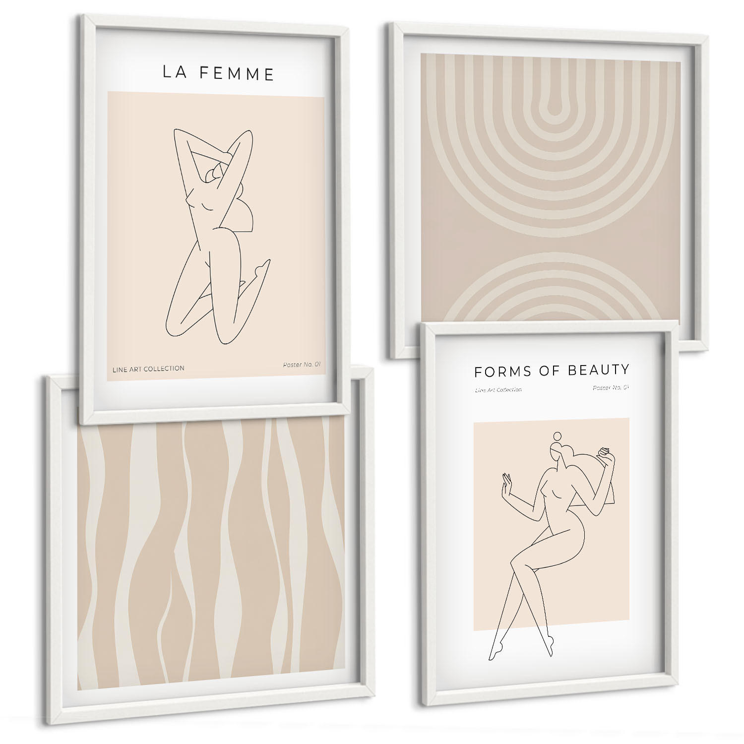 BILDER SET 4er Set - 50x50 cm & 40x60 cm Weißer Rahmen - Eine Sammlung minimalistischer Formen - Weiß, Kunststoff (50/50cm) - TULUP