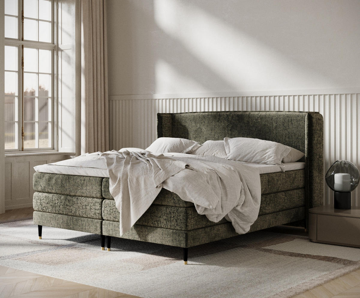 BOXSPRINGBETT Carizzo Olivenfarbe 140/200 cm mit Matratze und Topper - Schwarz/Olivgrün, Holz/Holzwerkstoff (140/200cm) - Maison de Reve