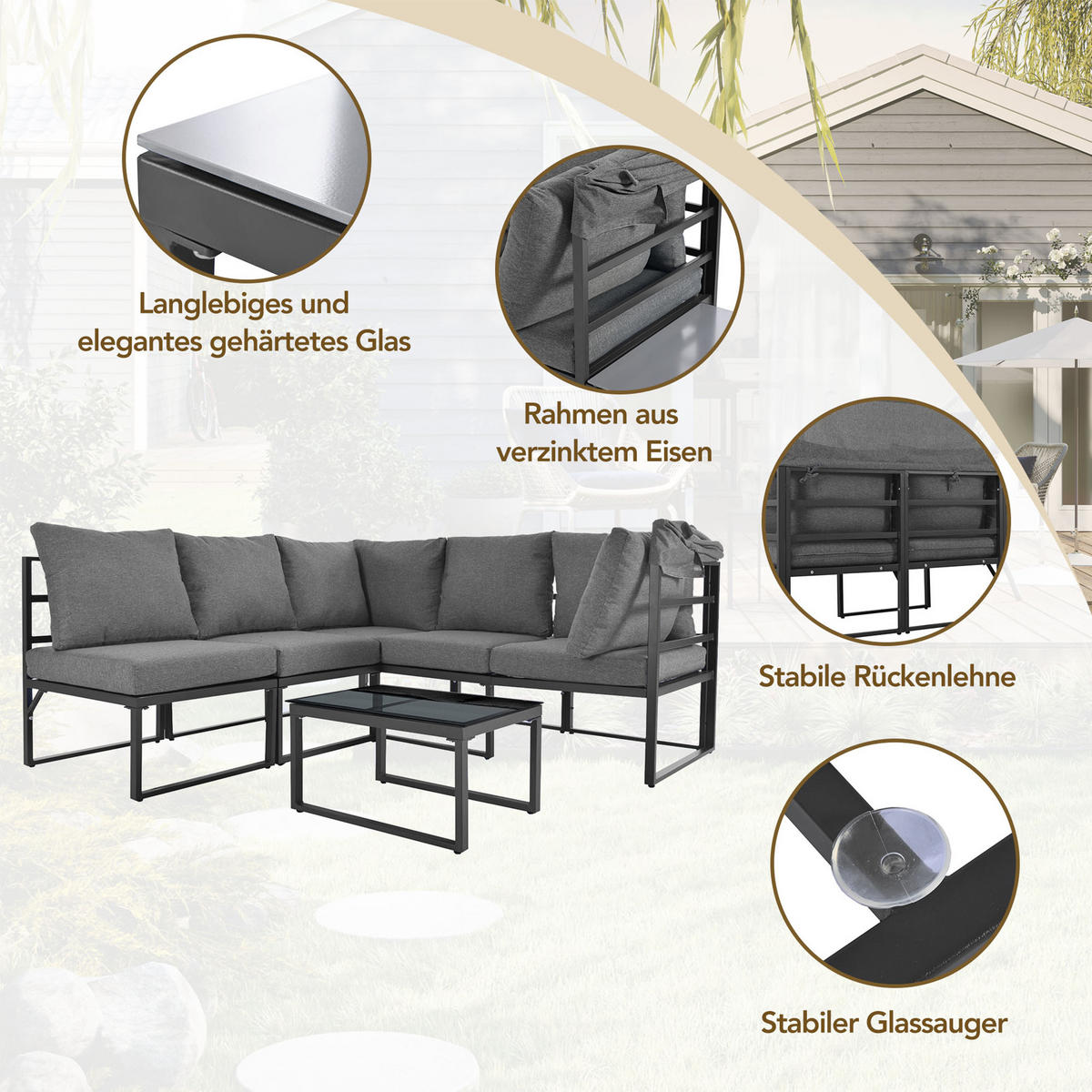 LOUNGESESSEL Set Iron Sunny Island mit Hocker Tisch und Markise 4teilig Wetterfest für Balkon Garten Grau mit Kissen - Grau, Metall