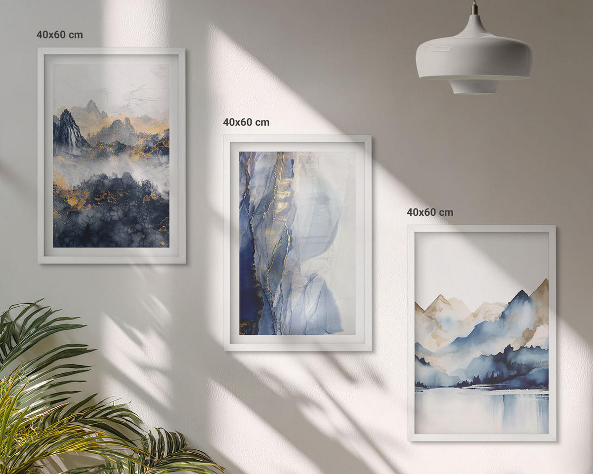 BILDER SET 3er Set - 40x60 cm Weißer Rahmen - Blaue und graue Berglandschaften - Weiß, Kunststoff (40/60cm) - TULUP