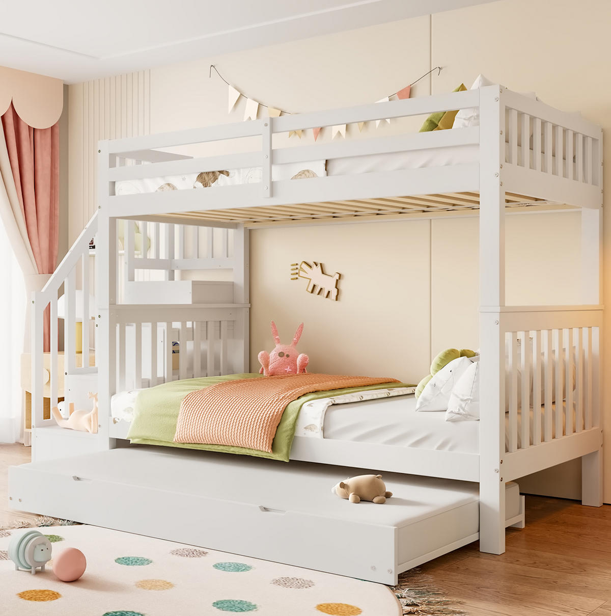 ETAGENBETT 90/200 cm aus Kiefernholz und MDF mit Ausziehbett und Treppenregal Weiß - Weiß, Holz (90/200cm) - Modenvie