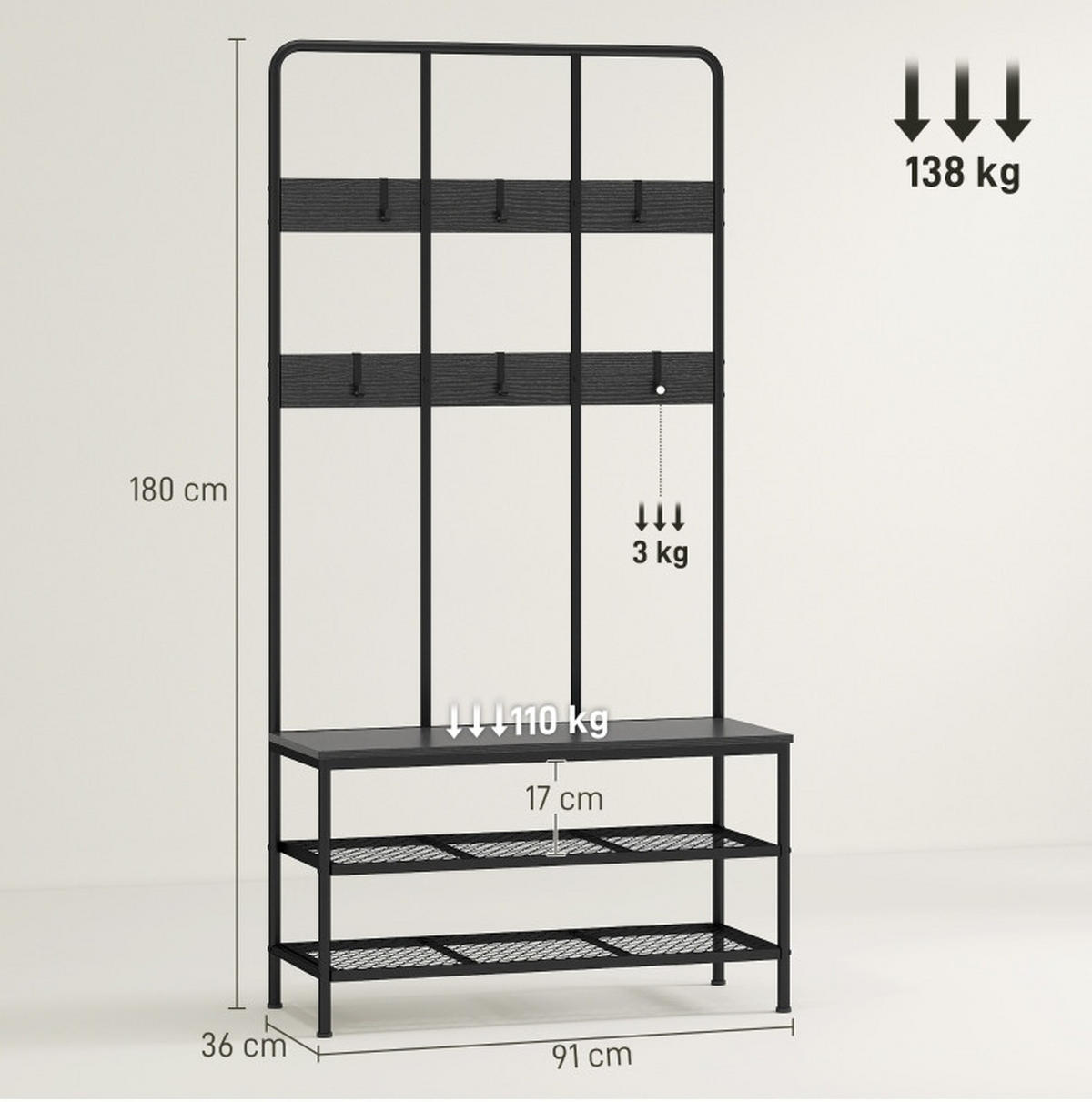 GARDEROBENSTÄNDER 3-in-1 mit Sitzbank und Schuhregal Metall Schwarz - Schwarz, Metall (36/180/91cm) - Beauniv