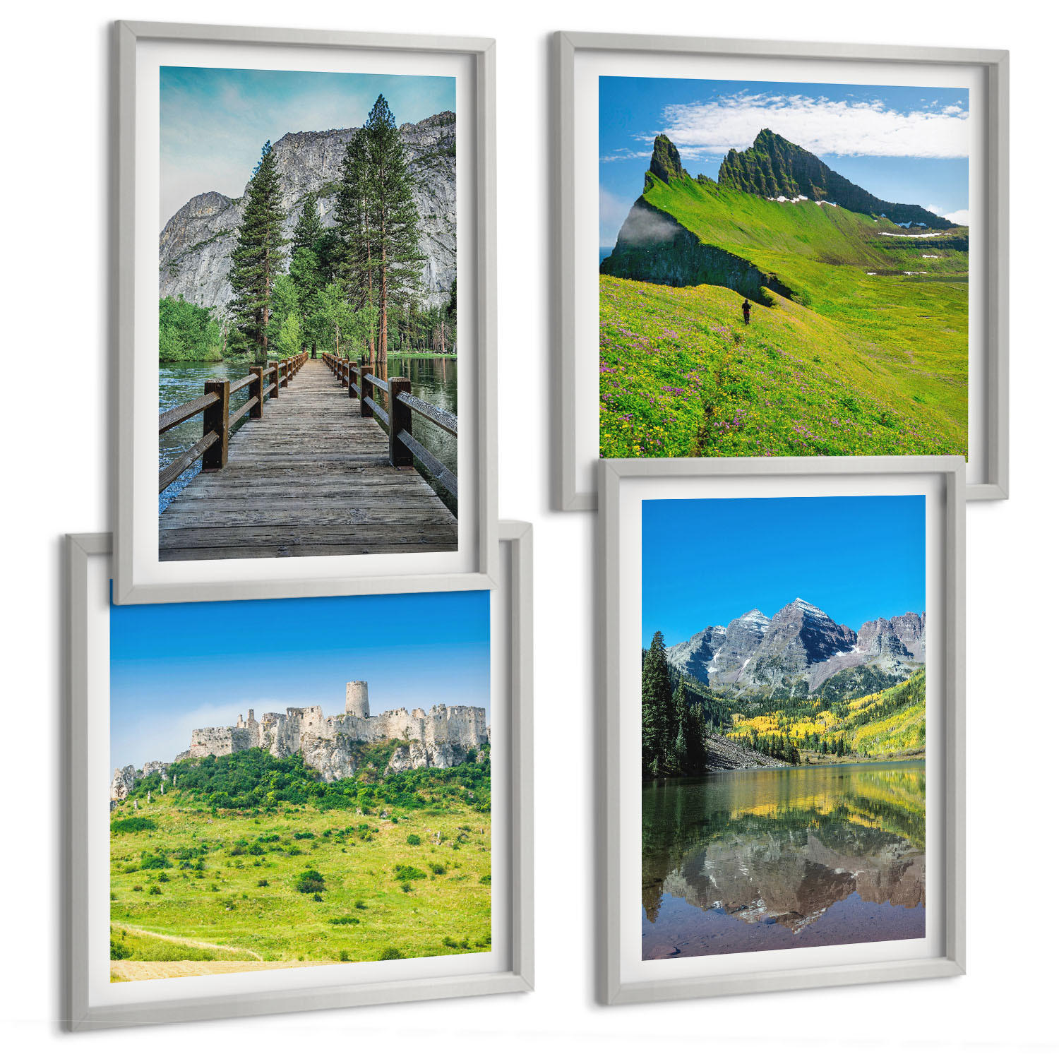BILDER SET 4er Set - 50x50 cm & 40x60 cm Silberner Rahmen - Grüne Hügel mit einer Burg - Silberfarben, Kunststoff (50/50cm) - TULUP