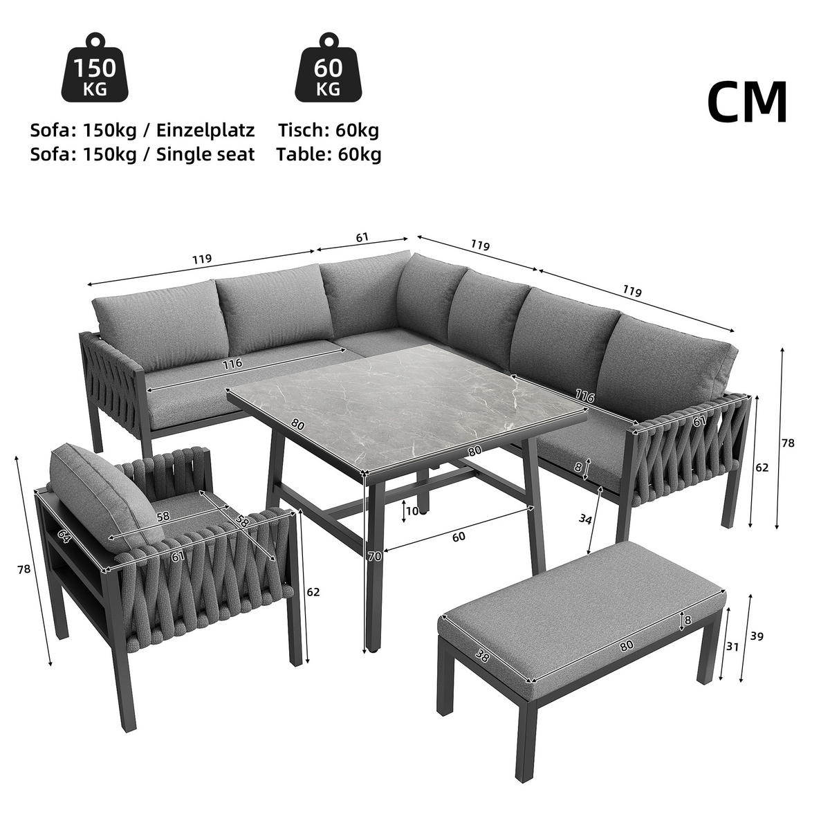 GARTENSET Seil Eckgrau Mit Verstellbaren Füßen & Glastisch - Grau, Metall - FLIEKS