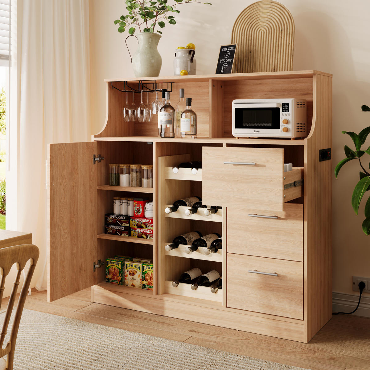 SIDEBOARD aus MDF 120x40x121 cm Natur/Weiß mit LED-Beleuchtung, Steckdose, Weinregal und Gläserhalter - Weiß, Holzwerkstoff (120/121/40cm) - Modfu