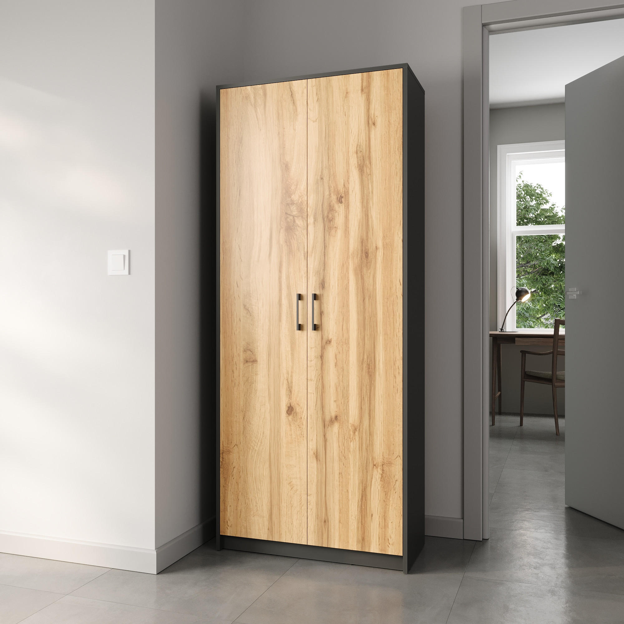 MEHRZWECKSCHRANK mit 5 Fächern und 2 Türen in Graphit / Eiche - Eichefarben/Graphitfarben, Holzwerkstoff (74/180/35cm) - Home Collective