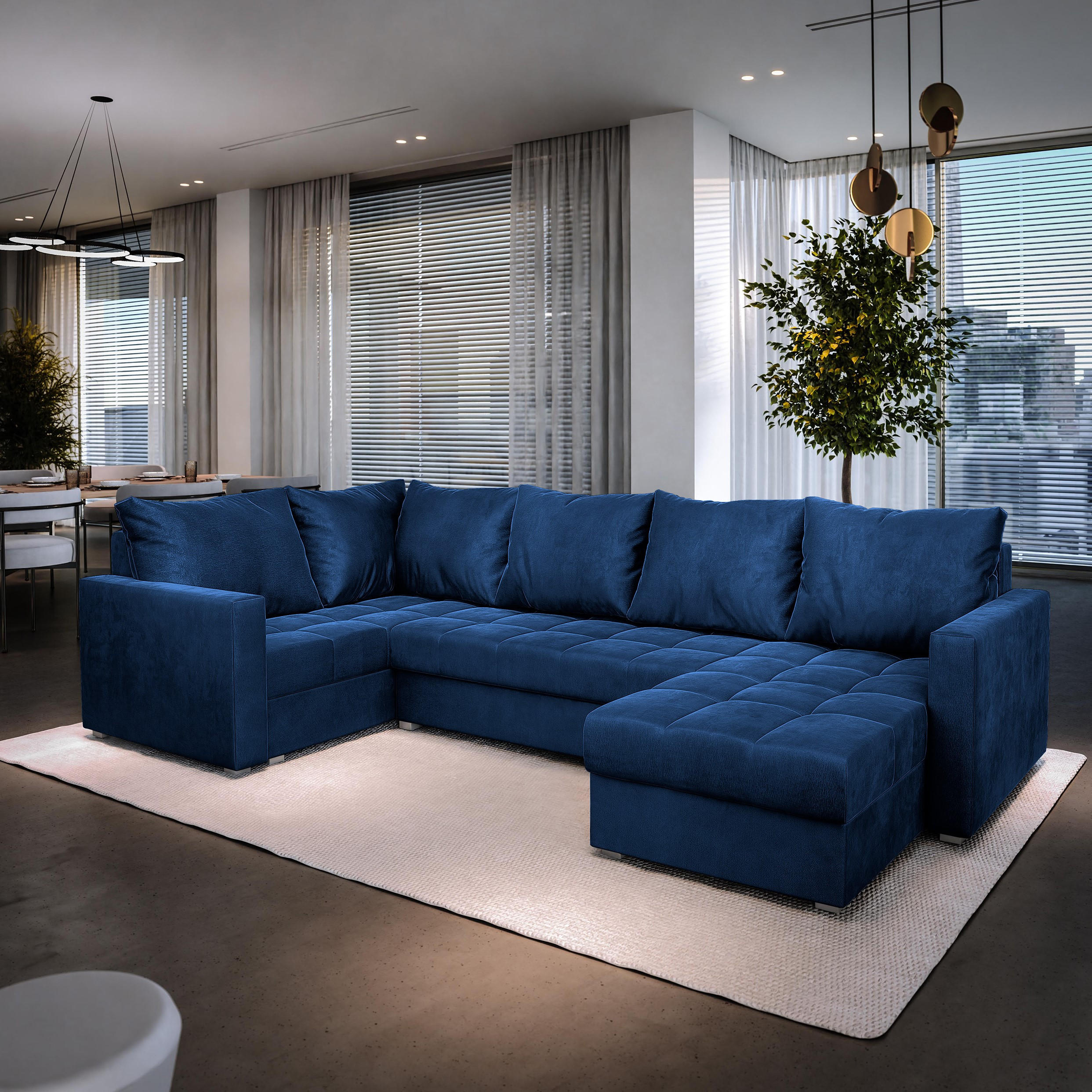 WOHNLANDSCHAFT LORIVO L-S Blau Plüsch-Stoff mit Schlaffunktion - Blau, Holz (285/85/150cm) - MASSENO