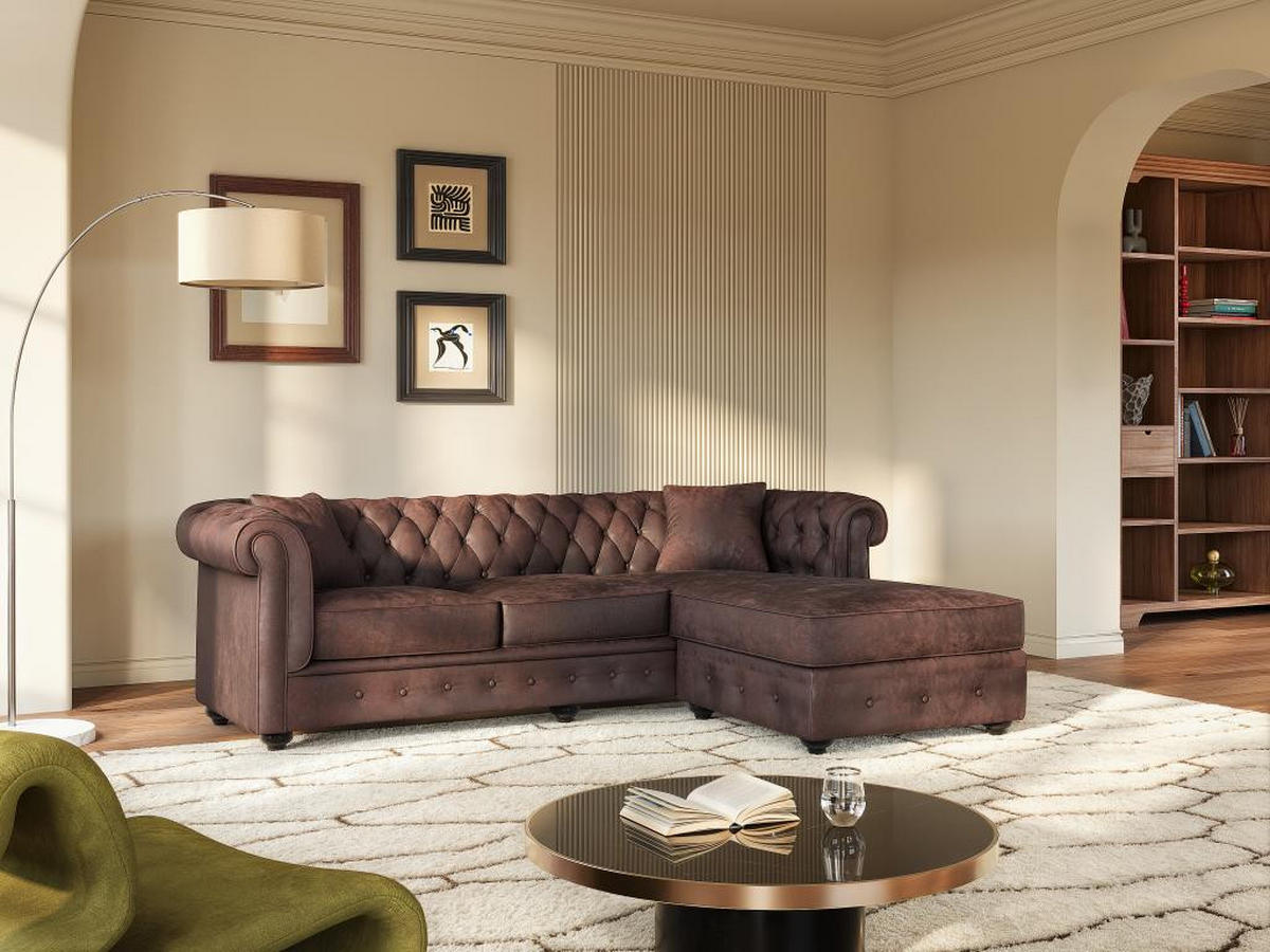CHESTERFIELD Ecksofa - Microfaser Vintage Look - Braun - TOLEDO - Braun, Textil (163/228cm) - Vente-Unique
