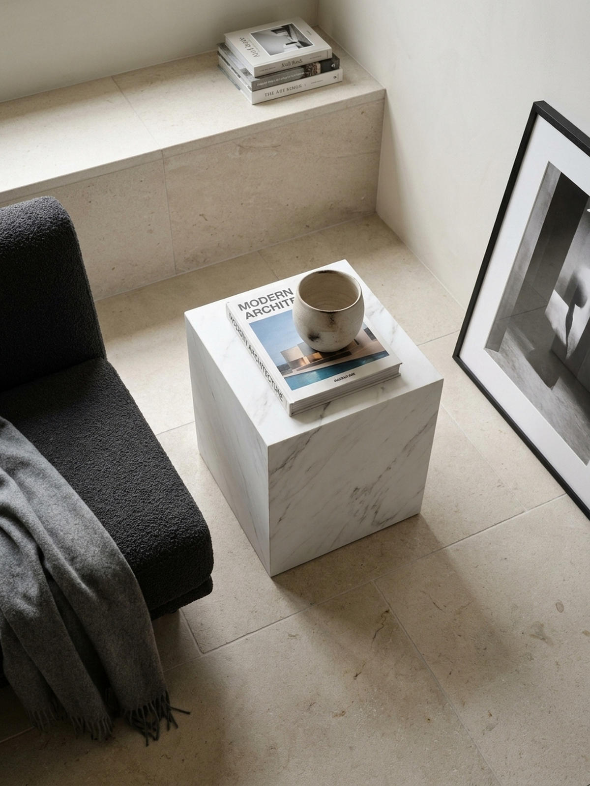 COUCHTISCH MONOBLOC in Hochglanz mit Marmor-Optik, Würfelform, Weiß 40x40x45 cm - Weiß, Holzwerkstoff (40/40/45cm) - KADIMA DESIGN