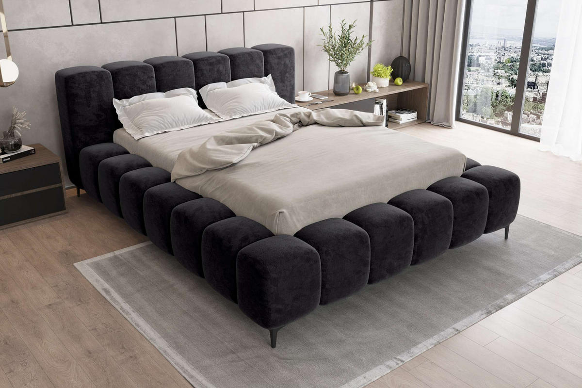 POLSTERBETT COZY Chenille Schwarz 180/200 cm - Schwarz, Textil/Metall (180/200cm) - 99rooms