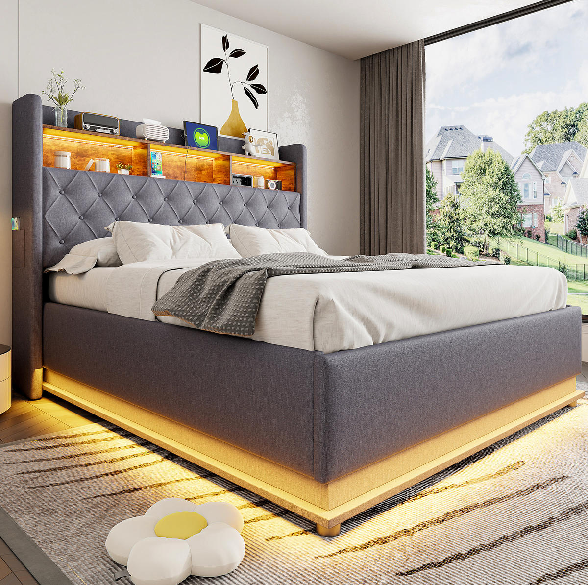 POLSTERBETT 160x200 cm Grau mit LED-Beleuchtung, USB-Anschluss und hydraulischem Stauraum - Grau, Textil (160/200cm) - IVMEU
