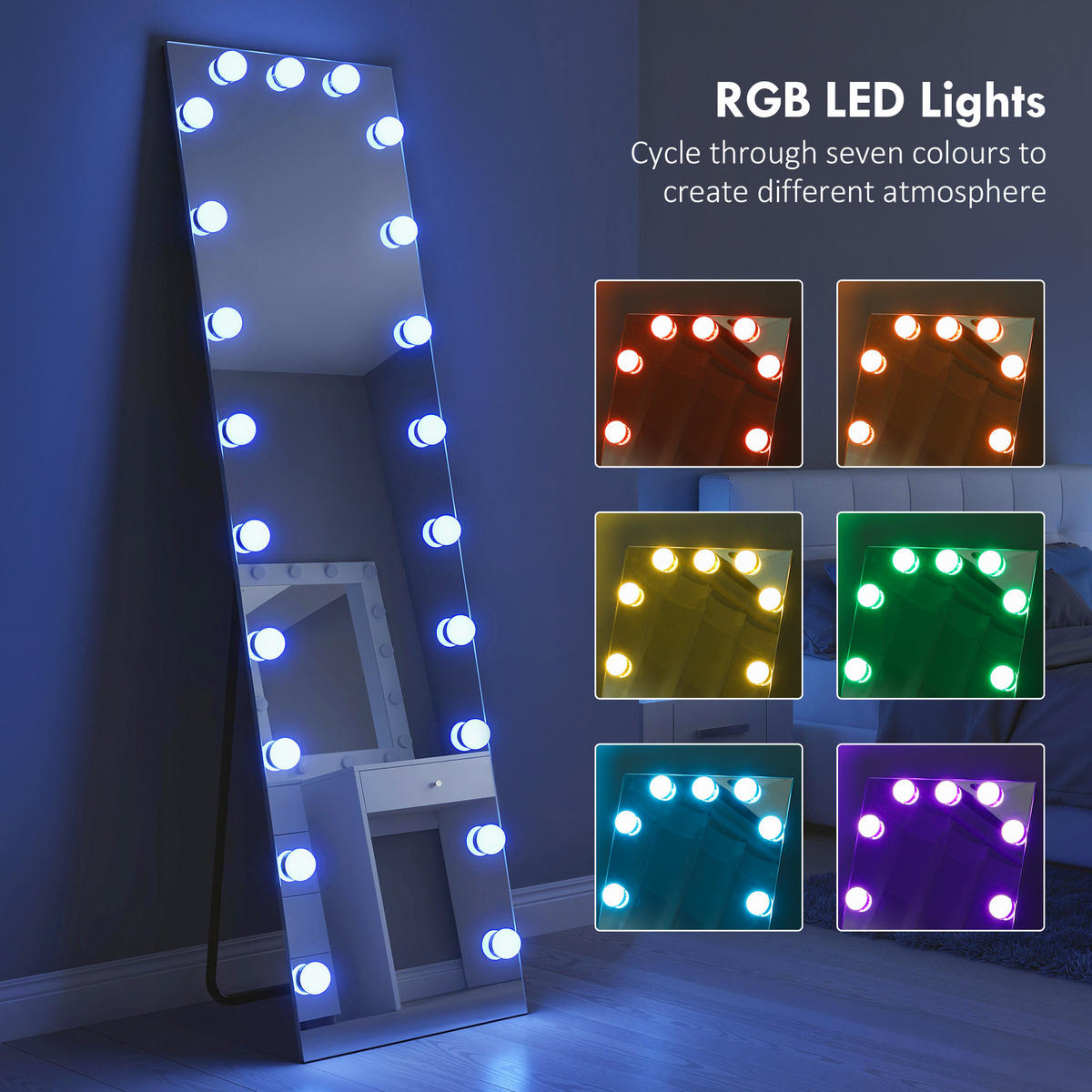GANZKÖRPERSPIEGEL 150x40 cm RGB-LED Standspiegel mit 21 Glühbirnen 7 Lichtfarbe - Transparent, Glas (5.7/150/40cm) - HOMCOM
