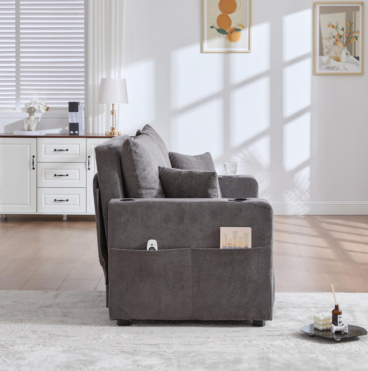 SCHLAFSOFA aus Chenille 139x83x58 cm Grau ausziehbar mit Armlehnentaschen, Kissen und hohem Sitzkomfort - Grau, Textil (73/83/139cm) - Modfu
