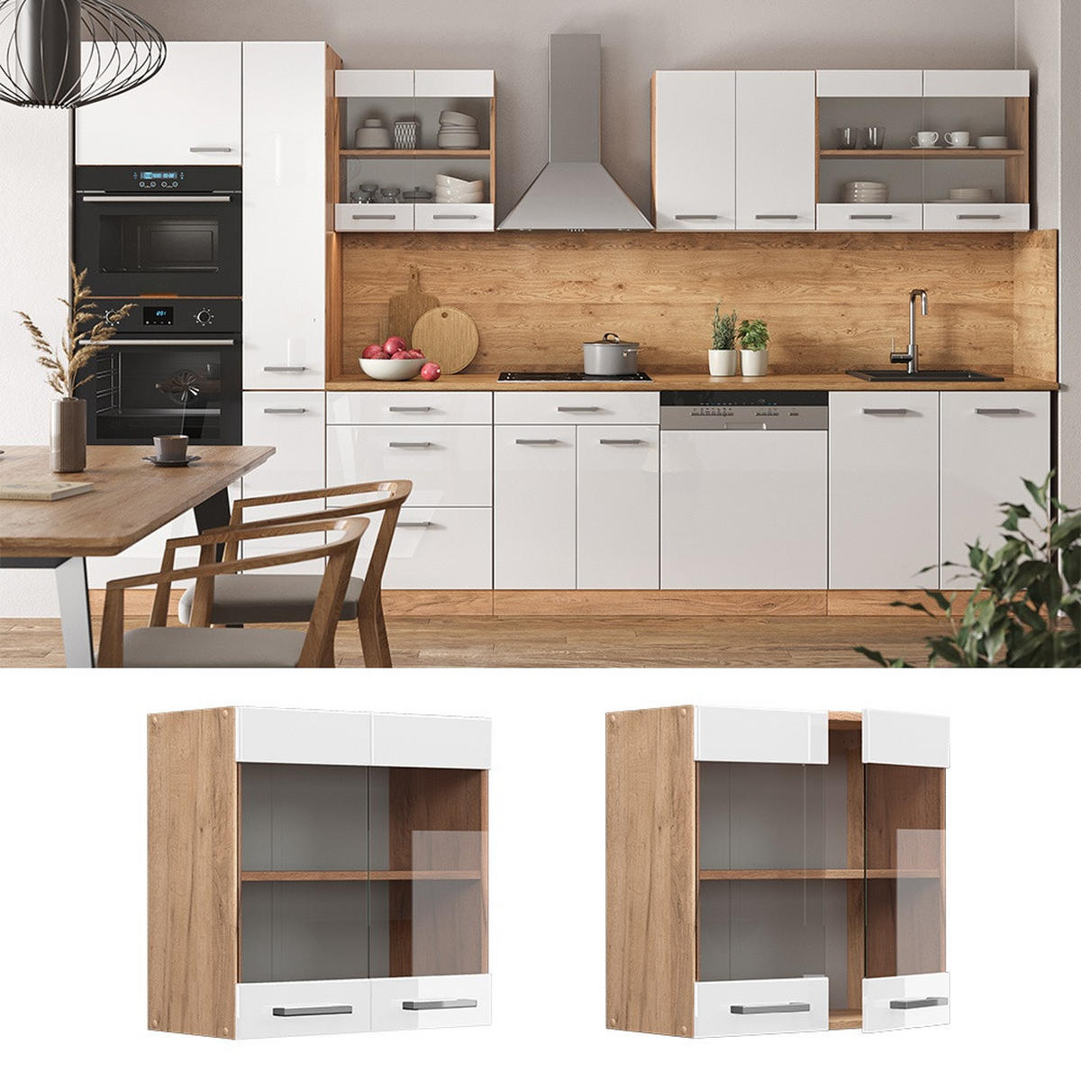STEKLENA KUHINJSKA OMARICA R-Line Bela visok sijaj 60 cm - bela/medeni hrast, leseni material (60/60/31cm) - Vicco