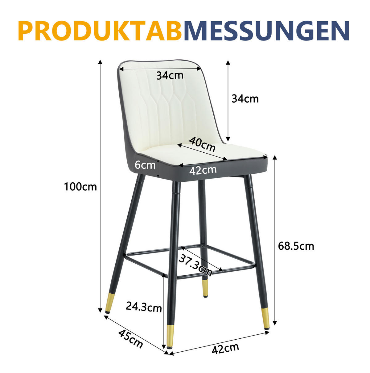 BARHOCKER 2er-Set 100 cm PU-Leder Weiß/Dunkelgrau Metallgestell - Dunkelgrau, Metall (45/100/42cm) - Meubliv