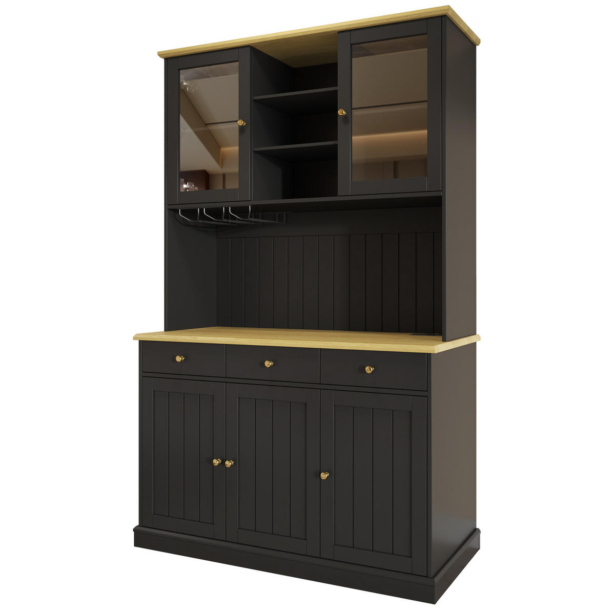 BUFFETSCHRANK mit Glastüren 120 x 40 x 191 cm MDF Schwarz mit Steckdosen - Schwarz, Holzwerkstoff (40/191/120cm) - Meubliv