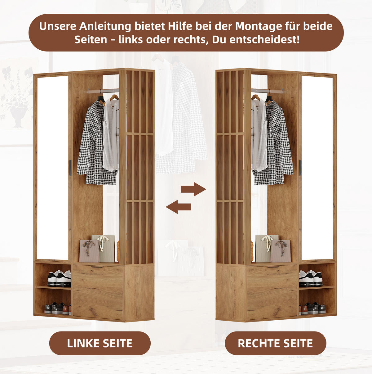 STANDGARDEROBE 100/33/190 cm mit Spiegel und Kleiderstange in Natur - Naturfarben, Holzwerkstoff (33/190/100cm) - BEAOK