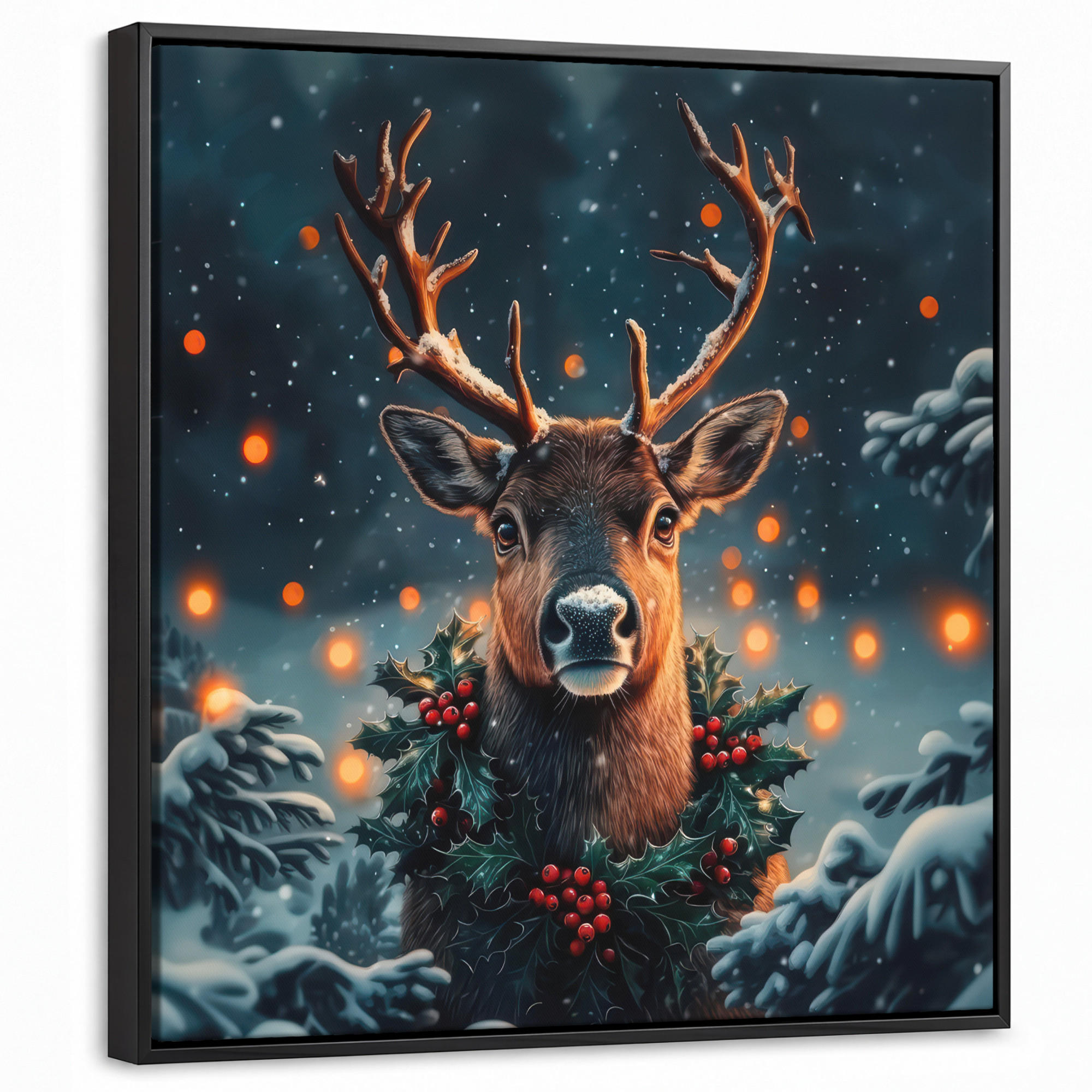 LEINWAND Bilder mit Rahmen - Hirsch - Weihnachten - Winter - Schnee - Weihnachtskranz - 50x50 - Dunkelbraun, Textil (50/50cm) - MuchoWow