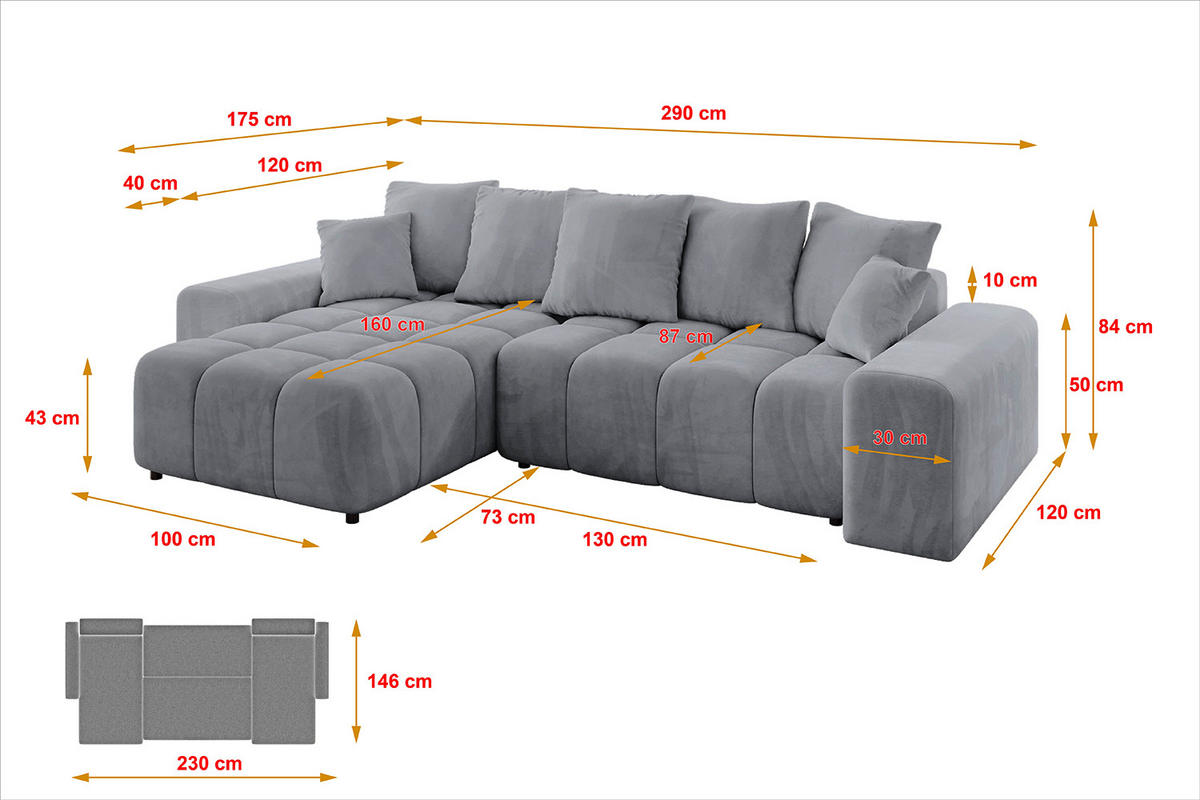 ECKSOFA Ottomane links/rechts ENIL-L 290x175x84 Hellgrau Velours - Hellgrau, Holzwerkstoff/Kunststoff (290/175cm) - ALTDECOR